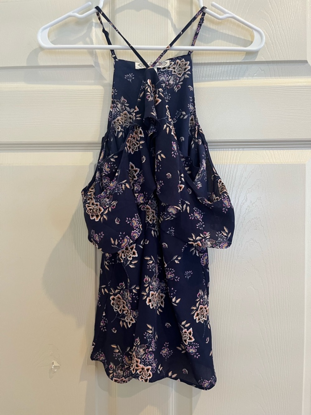 PINK ROSE Navy Floral Ruffle Halter Tank - Picture 2 of 6